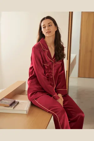 Lilysilk Womens Silk Pyjamas Red Silk Breathable Gold Piping Pyjamas M