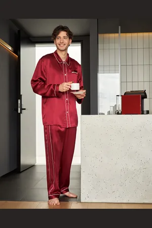 Lilysilk Mens Silk Pajama Set 22 Mm Long Sleeves With Banded Piping Cuffs Comfortable Red M