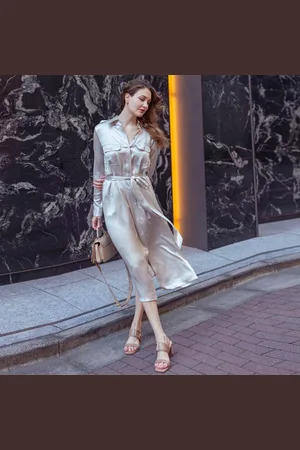 Lilysilk Long Silk Dress For Women Mulberry Silk Casual Pointed Collar Silk Dresses M