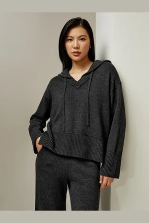Lilysilk V Neck Wool-Cashmere Blend Hoodie Loose Fit Wardrobe Must-Have United Kingdom L