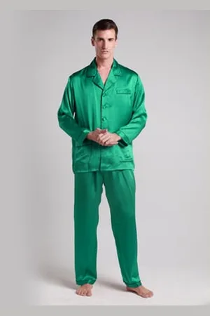 Lilysilk Silk Pyjamas Mens Fluid 22 Momme Long Silk Pyjamas Set With Contrast Trim Green M