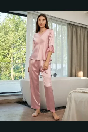 Lilysilk Silk Pajamas for Women Pink 1% Grade 6A Mulberry Silk Basic Lace Trimmed 3/4 Sleeves L