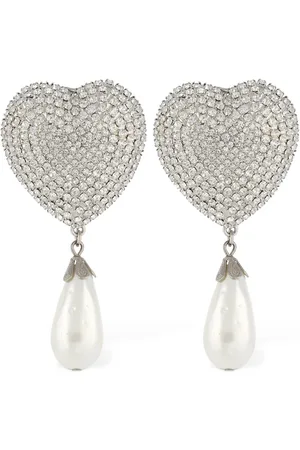Alessandra Rich Heart Crystal & Faux Pearl Drop Earrings