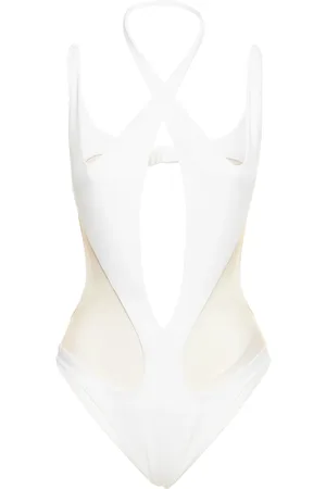 MUGLER Crossed Halter Cutout Mesh Bodysuit