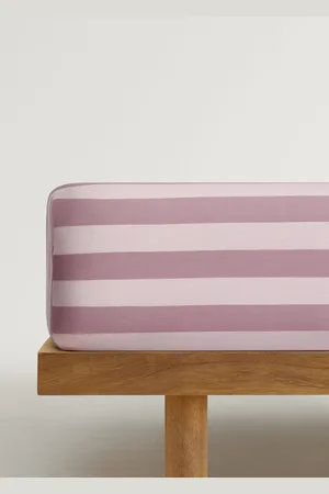 MANGO Cotton percale thick-striped bottom sheet for cot