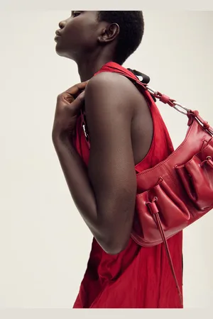 MANGO Leather shoulder bag with gathered pockets