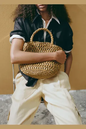 MANGO Natural-fibre double-handle bucket bag