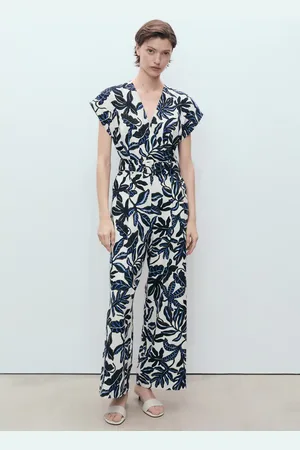 MANGO Printed linen jumpsuit with belt
