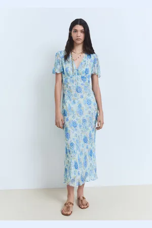 MANGO Long floral dress with short sleeves