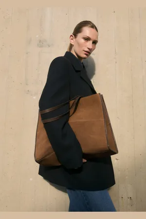 MANGO Leather shopper bag with stitching