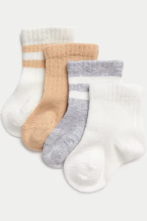 Marks & Spencer 4pk Cotton Rich Striped Baby Sport Socks (0-3 Yrs) - 12-24 -