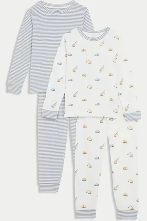 Marks & Spencer Boys 2 Pack Pure Cotton Digger & Striped Pyjama Sets (1-8 Yrs) - 6-7 Y -
