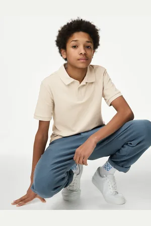 Marks & Spencer Boys Cotton Rich Textured Polo Shirt (6-16 Yrs) - 3-4 Y - Stone