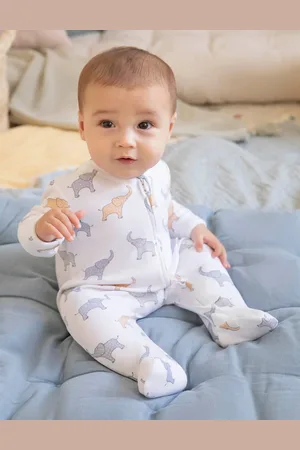 JoJo Maman Bébé Pure Cotton Elephant Print Sleepsuit (0-18 Mths) - 0-3 M -