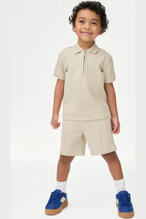 Marks & Spencer Boys Cotton Blend Pique Top & Bottom Outfit (2-16 Yrs) - 7-8 Y - Neutral