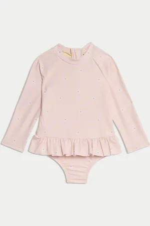 Marks & Spencer Girls Gingham Floral Frill Long Sleeve Swimsuit (0-3 Yrs) - 12-18 -