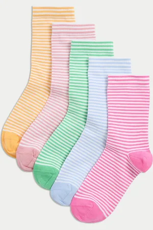 Marks & Spencer Girls 5p Striped Cotton Rich Socks (6 Small-7 Large) - 8-12 -
