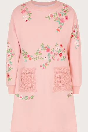 Monsoon Girls Pure Cotton Floral Embroidered Sweatshirt Dress (3-13 Yrs) - 3-4 Y -