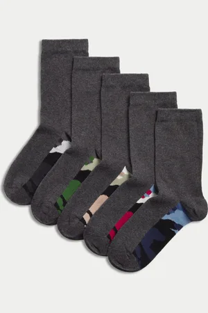 Marks & Spencer 5pk Cotton Rich Camo Sole School Socks (6 Small - 7 Large) - 8-12 -