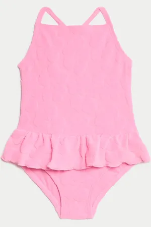 Marks & Spencer Girls Floral Textured Frill Swimsuit (2-8 Yrs) - 7-8 Y -