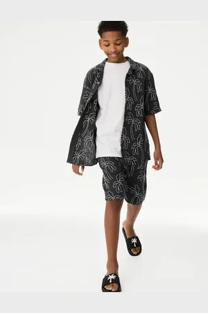 Marks & Spencer Boys Pure Cotton Textured Palm Tree Shirt (2-16 Yrs) - 12-13 - Charcoal