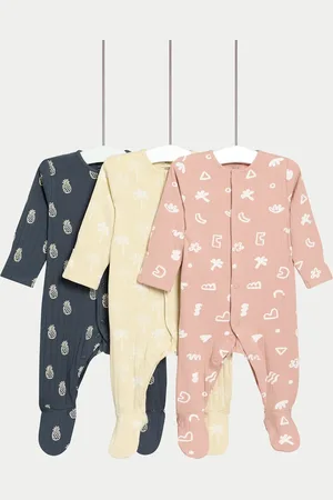 Marks & Spencer 3pk Cotton Rich Printed Sleepsuits (0-3 Yrs) - 3-6 M -