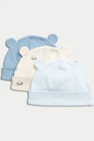 Marks & Spencer Boys 3pk Pure Cotton Floral Hats (0-1 Yrs) - 1 M -