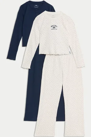 Marks & Spencer Girls 2 Pack Pure Cotton Floral & Plain Pyjama Sets (6-16 Yrs) - 12-13 -