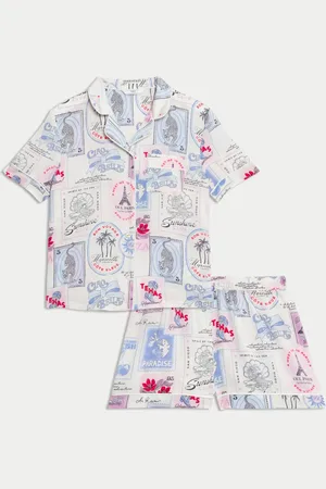 Marks & Spencer Girls Satin Postcard Print Revere Pyjamas (3-16 Yrs) - 5-6 Y -