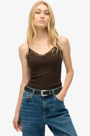 Superdry Pure Cotton Ribbed V-Neck Lace Trim Cami Top - 10-12 -