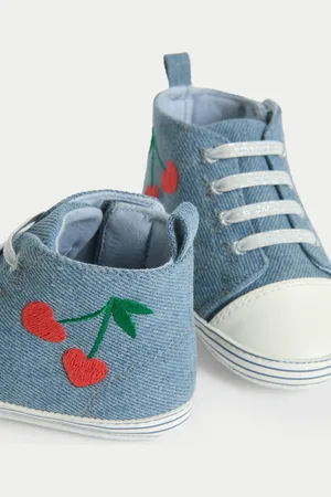 Marks & Spencer Baby Embroidered Canvas Pram Trainers (0-18 Months) - 6-12M - Blue