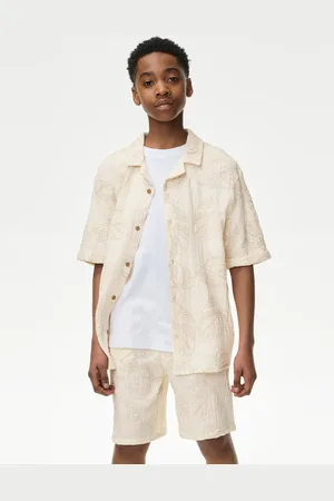 Marks & Spencer Boys Pure Cotton Textured Palm Tree Shirt (2-16 Yrs) - 3-4 Y - White Mix
