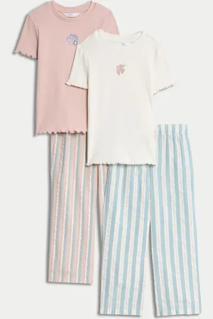 Marks & Spencer Girls 2 Pack Cotton Rich Ribbed Striped Pyjama Sets (1-16 Yrs) - 5-6 Y -
