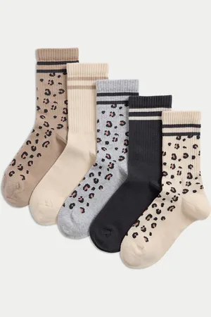 Marks & Spencer Girls 5pk Cotton Rich Leopard Print Socks (6 Small - 7 Large) - 8-12 -