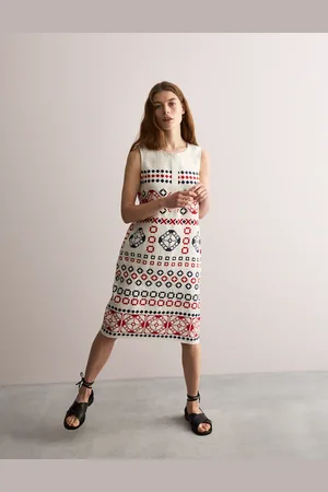 Jaeger Pure Linen Geometric Knee Length Shift Dress - 10 -