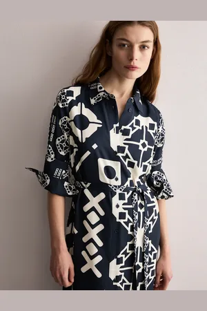 Jaeger Geometric Collared Belted Midi Shirt Dress - 10 -