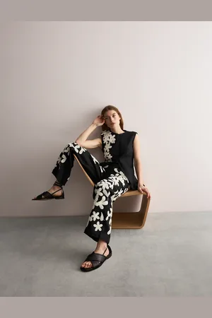 Jaeger Pure Linen Embroidered Wide Leg Trousers - 10 -