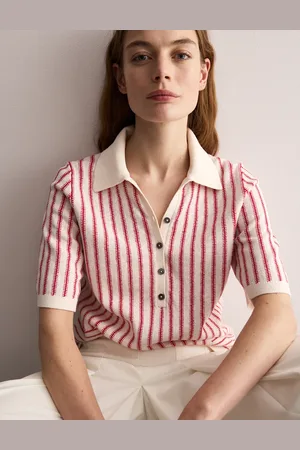 Jaeger Linen Rich Striped Polo Neck Knitted Top -