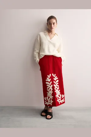 Jaeger Pure Linen Embroidered Midi Column Skirt - 10 -
