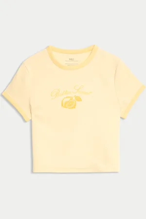 Marks & Spencer Girls Cotton Rich Printed T-Shirt (6-16 Yrs) - 9-10Y - Pale Yellow