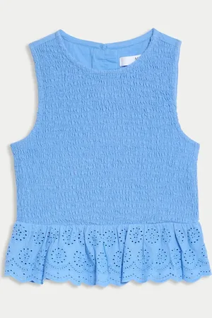 Marks & Spencer Girls Pure Cotton Shirred Top (2-10 Yrs) - 8-9 Y - Blue