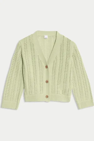 Marks & Spencer Girls Pure Cotton Knitted Cardigan (0 Mths-3 Yrs) - 12-18 - Green
