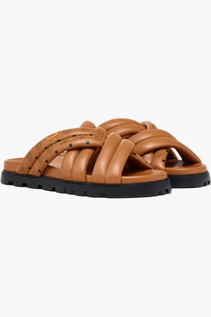 MCM Monogram Print Cross Sandals in Lamb Leather