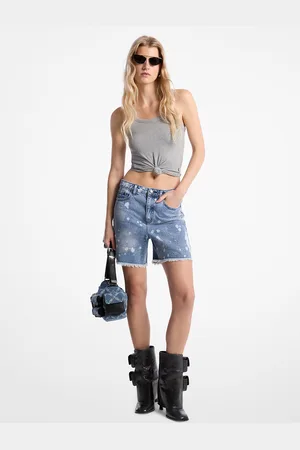 Michael Kors MK Hand-Splattered Bleach Denim Boyfriend Shorts - - Michael Kors