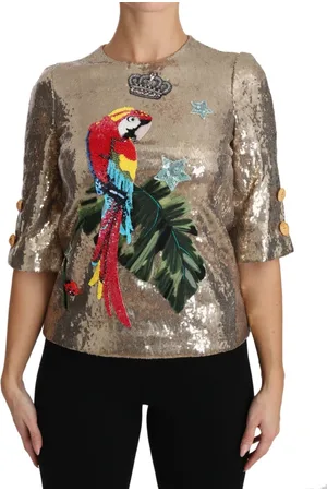 Dolce & Gabbana Blouses, female, , 3XS, Gold Sequined Parrot Crystal Blouse