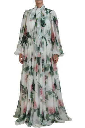 Dolce & Gabbana White Floral Roses Silk Maxi Long Gown Dress