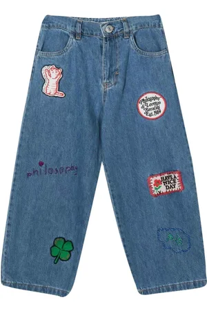 Serafini Jeans, male, , 14 Y, Denim Wide Leg Trousers with Multicolor Appliques