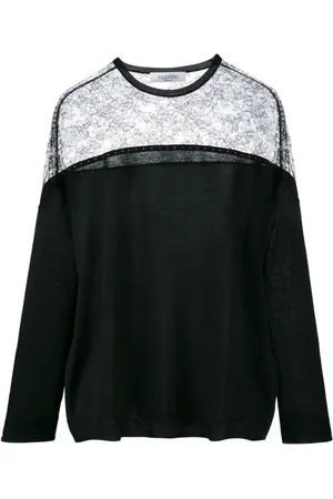 VALENTINO Sweatshirts, female, , S, Lightweight Wool Jumper with Lace Shoulder
