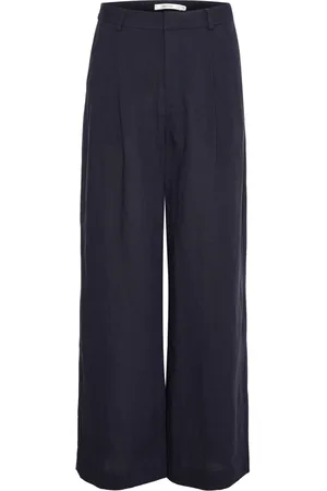 Gestuz High-Waisted Linen Trousers in Navy