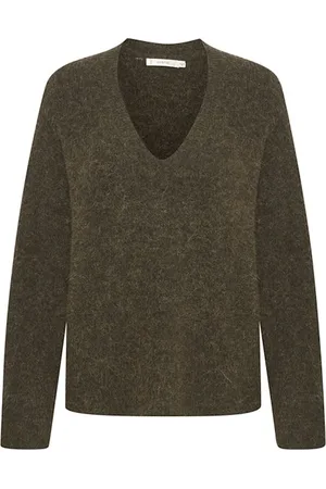 Gestuz V-neck Knitwear, female, , M, Dark Olive Melange V-Neck Jumper